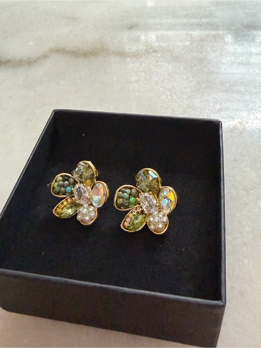 Gold-Tone Green Crystal Floral Stud Earrings